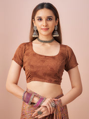 Women's Crepe Brown Printed Designer Saree With Blouse Piece