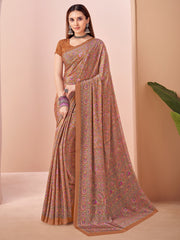 Women's Crepe Brown Printed Designer Saree With Blouse Piece