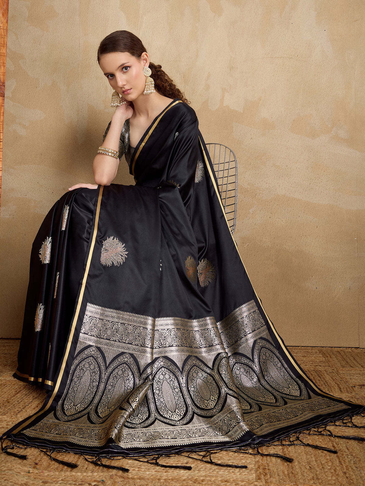Women's Satin Silk Black Woven Design Designer Saree With Blouse Piece