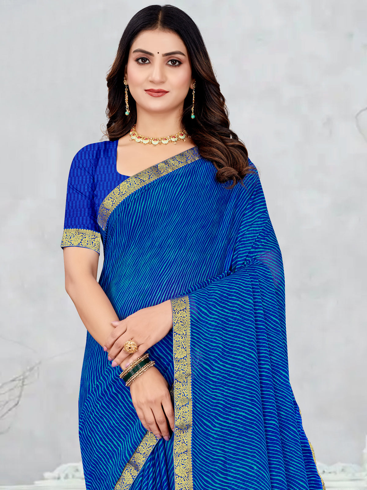 Women's Chiffon Blue Printed Designer Saree With Blouse Piece