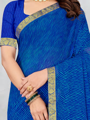 Women's Chiffon Blue Printed Designer Saree With Blouse Piece
