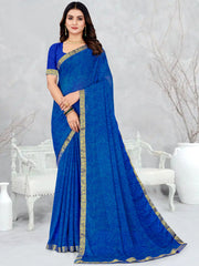 Women's Chiffon Blue Printed Designer Saree With Blouse Piece