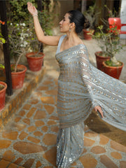 Women's Georgette Metallic Embellished Designer Saree With Blouse Piece
