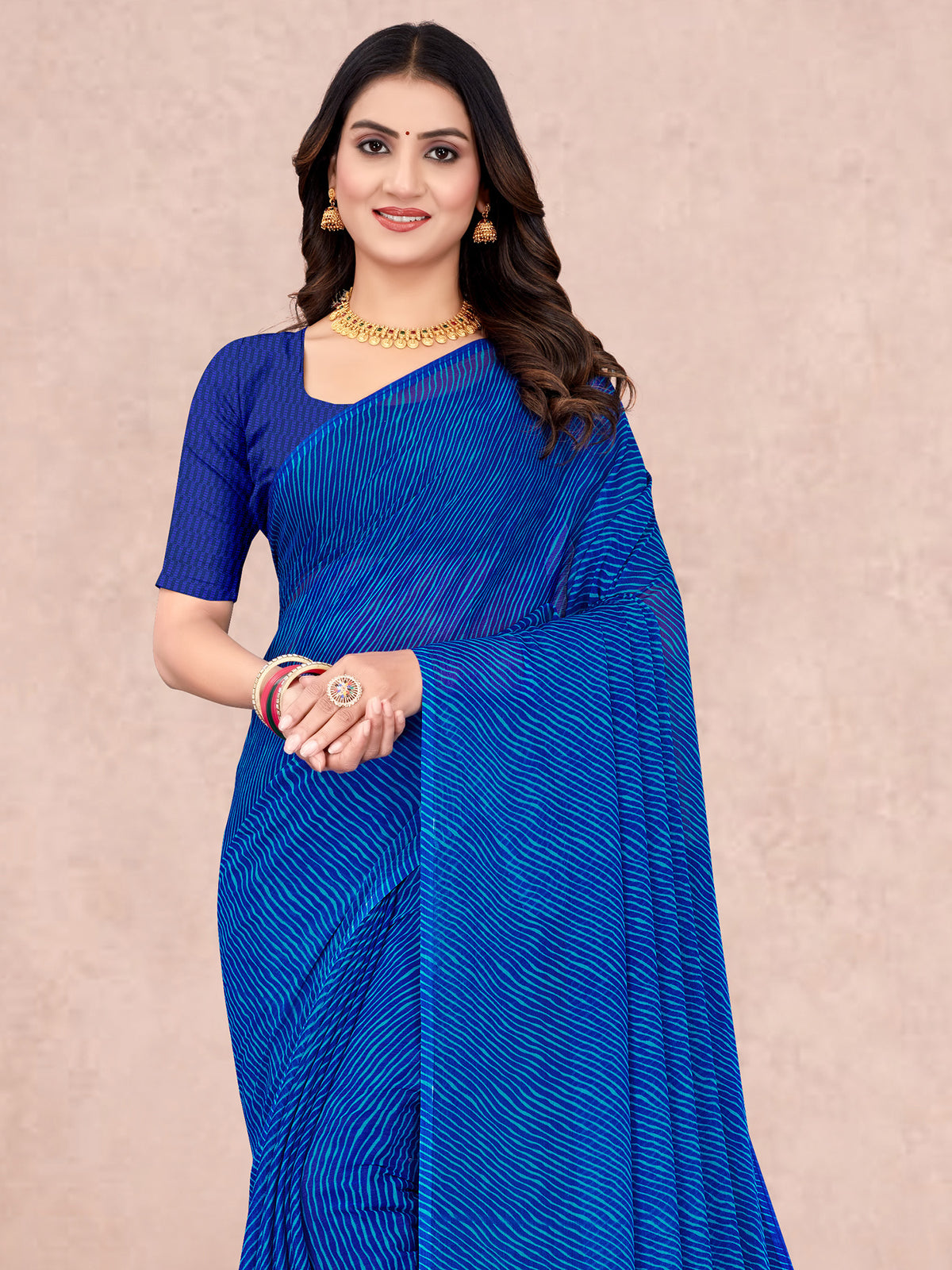 Women's Chiffon Blue Printed Designer Saree With Blouse Piece