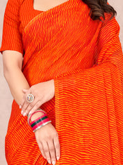 Women's Chiffon Orange Printed Designer Saree With Blouse Piece