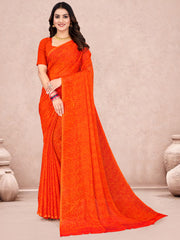 Women's Chiffon Orange Printed Designer Saree With Blouse Piece