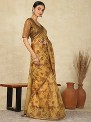 Women's Cotton Linen Camel Brown Printed Designer Saree With Blouse Piece
