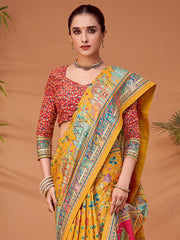 ساري نسائي أصفر مطبوع من حرير الفسكوز مع قطعة بلوزة