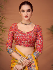 ساري نسائي أصفر مطبوع من حرير الفسكوز مع قطعة بلوزة