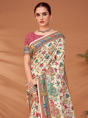 ساري نسائي مطبوع عليه صورة امرأة من الفسكوز الحريري الكريمي مع قطعة بلوزة