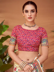 ساري نسائي مطبوع عليه صورة امرأة من الفسكوز الحريري الكريمي مع قطعة بلوزة