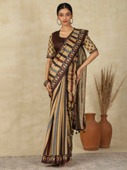 Women's Silk Blend Beige Printed Designer Saree With Blouse Piece