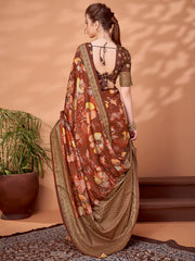 Women's Viscose Brown Printed Designer Saree With Blouse Piece