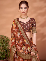 Women's Viscose Brown Printed Designer Saree With Blouse Piece