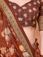 Women's Viscose Brown Printed Designer Saree With Blouse Piece