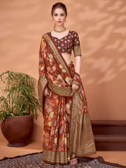 Women's Viscose Brown Printed Designer Saree With Blouse Piece