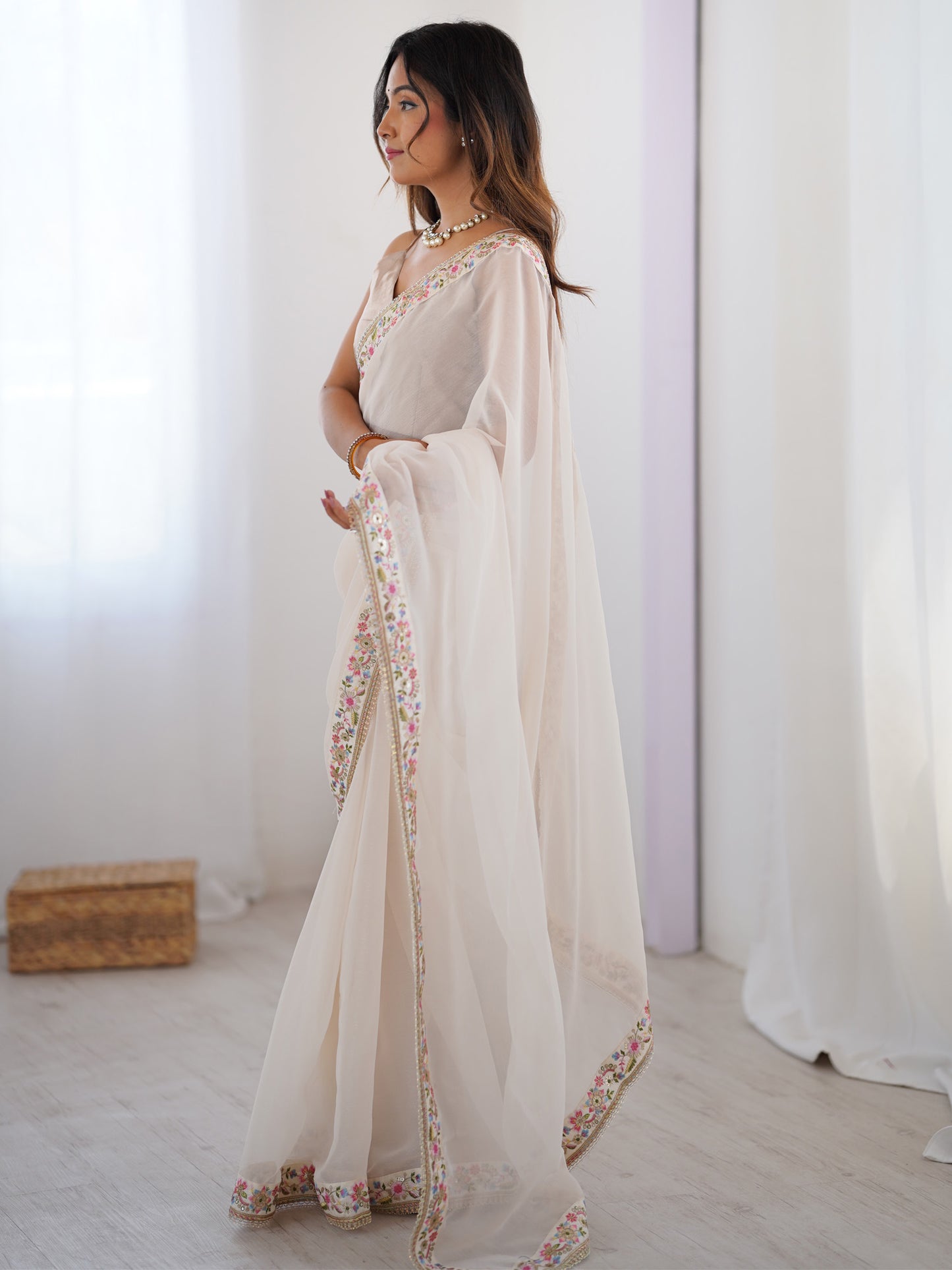 Women's Georgette Off White Embellished Designer Saree With Blouse Piece