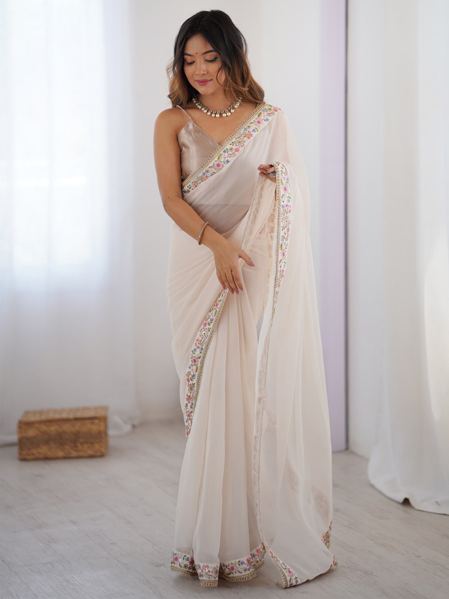 Women's Georgette Off White Embellished Designer Saree With Blouse Piece