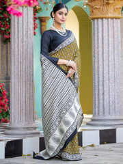 Women's Bhagalpuri Silk Olive Printed Designer Saree With Blouse Piece