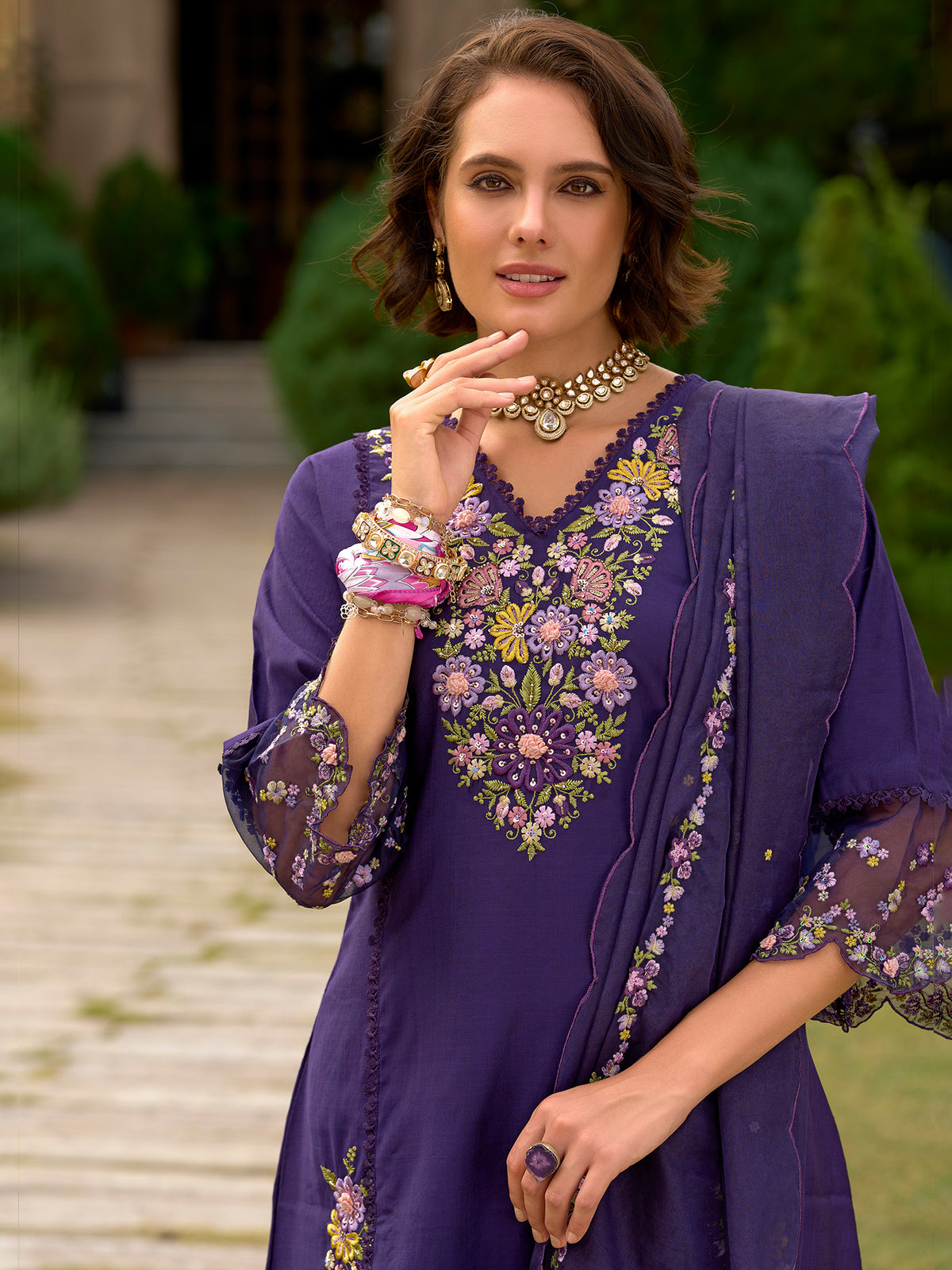 Purple Embroidered Straight Kurta Trousers With Dupatta set-KH9PR10646
