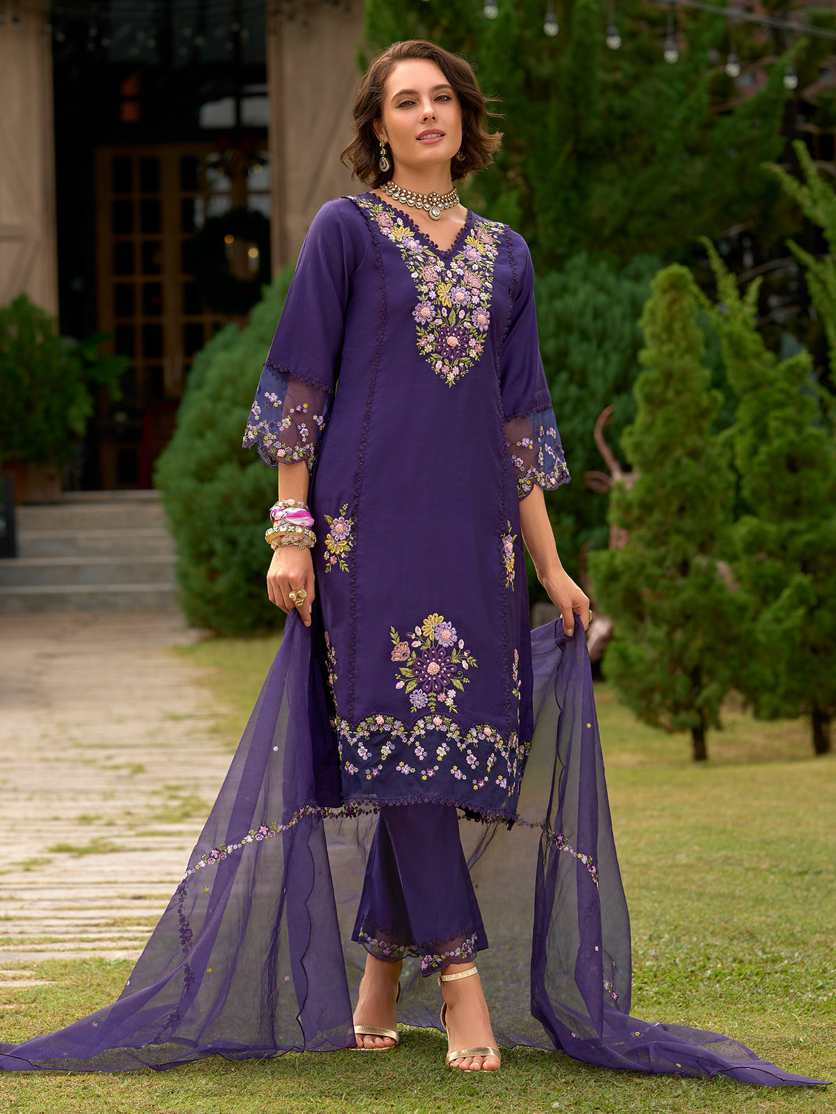 Purple Embroidered Straight Kurta Trousers With Dupatta set-KH9PR10646
