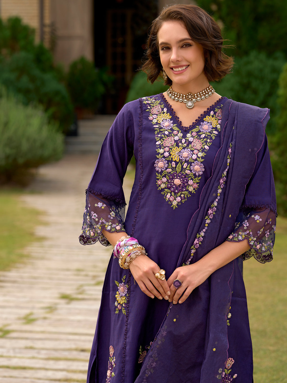 Purple Embroidered Straight Kurta Trousers With Dupatta set-KH9PR10646