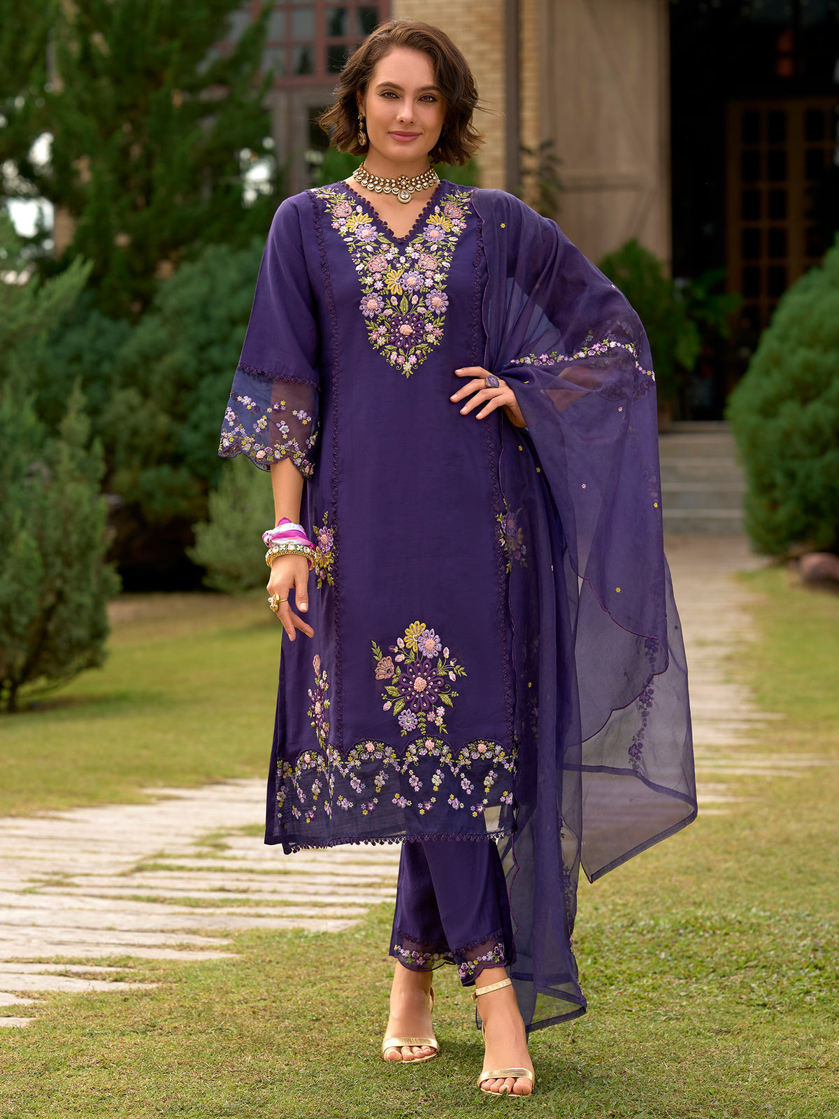Purple Embroidered Straight Kurta Trousers With Dupatta set-KH9PR10646