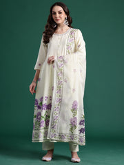 Pink Embroidered Straight Kurta Trousers With Dupatta Set