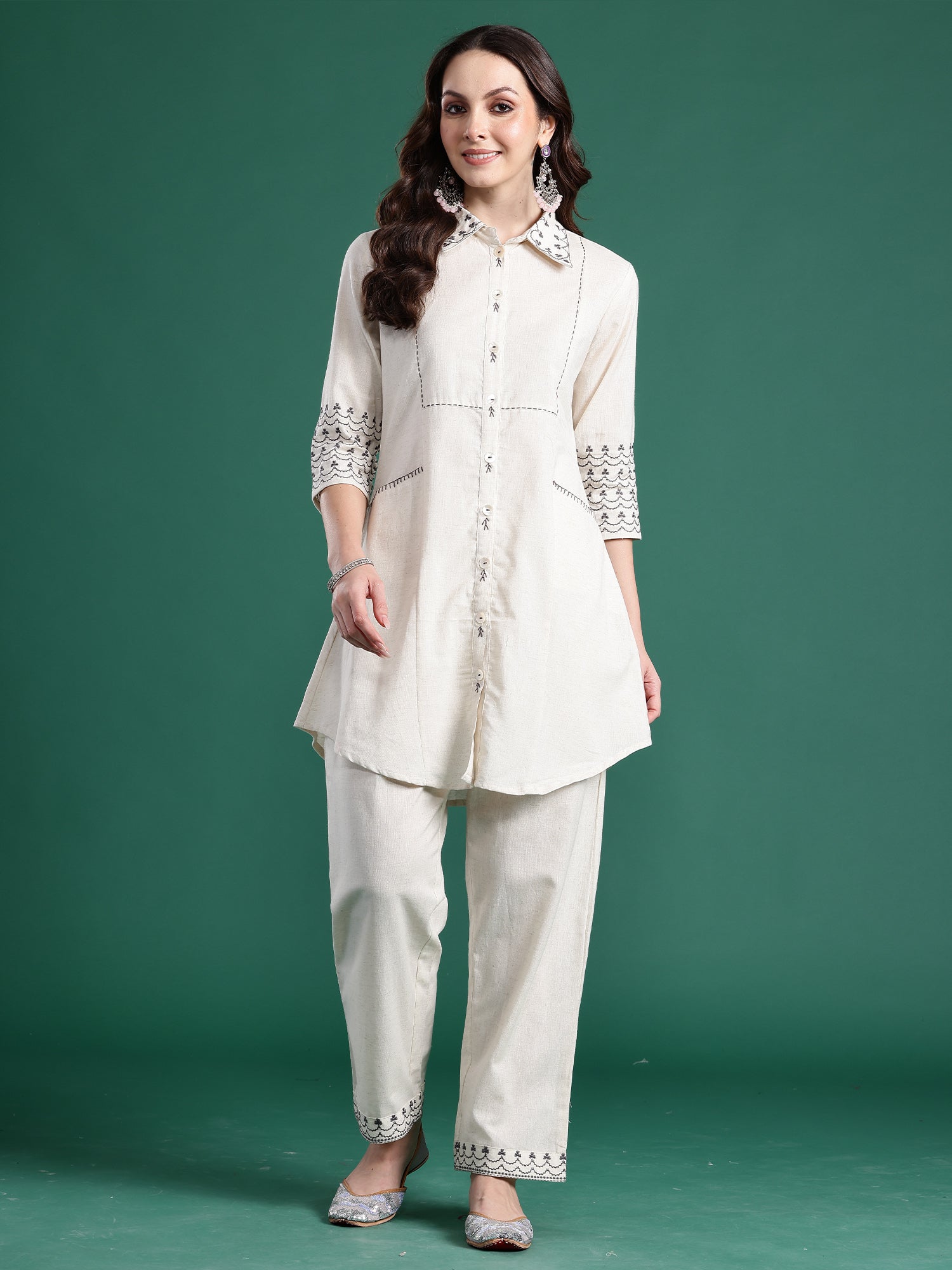 Off White Embroidered A-Line Kurta Trousers Set
