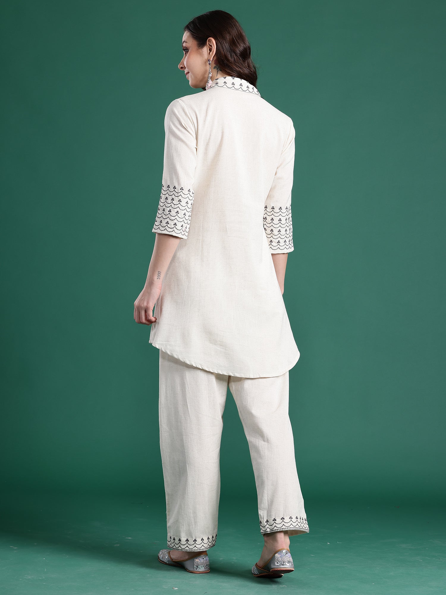 Off White Embroidered A-Line Kurta Trousers Set