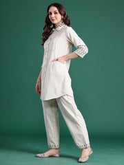 Off White Embroidered A-Line Kurta Trousers Set