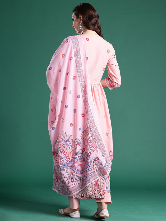 Green Embroidered Straight Kurta Trousers With Dupatta Set