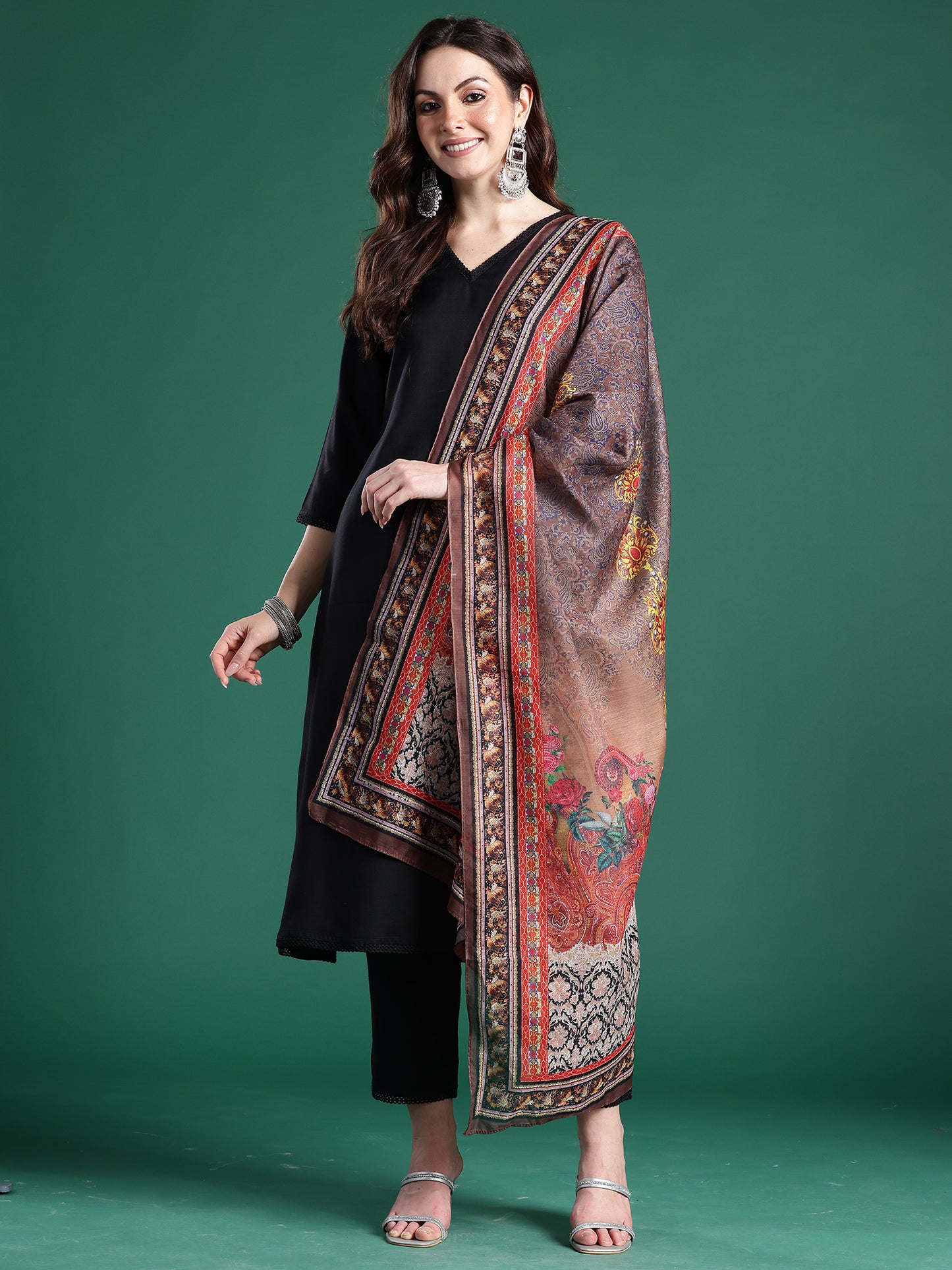 Black Solid A-Line Kurta Trousers With Dupatta Set
