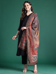 Black Solid A-Line Kurta Trousers With Dupatta Set