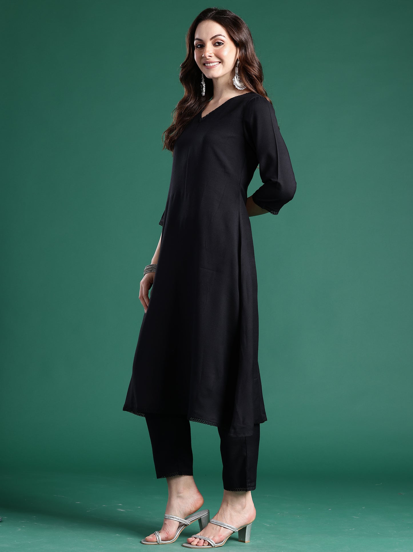Black Solid A-Line Kurta Trousers With Dupatta Set