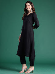 Black Solid A-Line Kurta Trousers With Dupatta Set