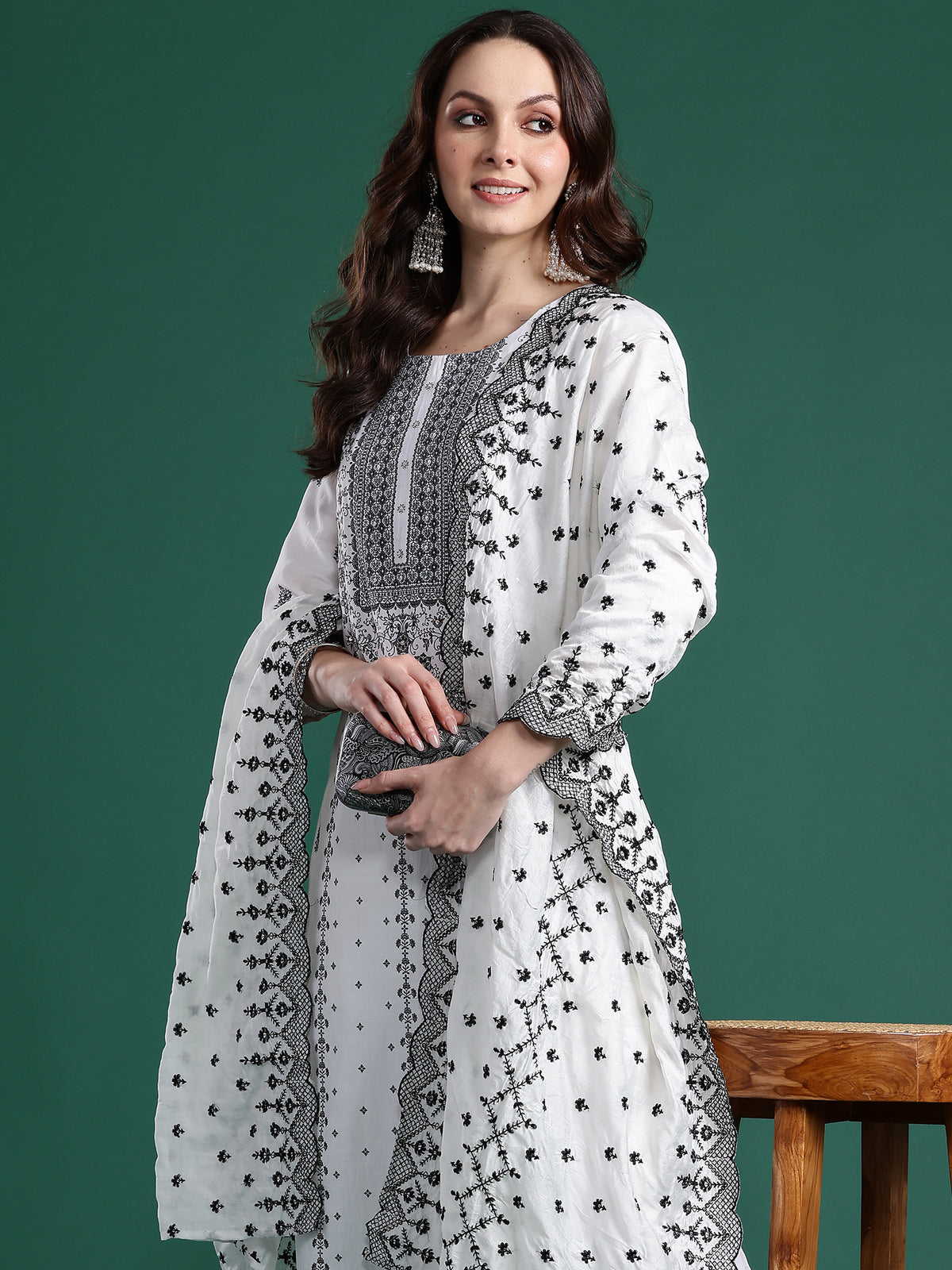 White Woven Design Straight Kurta Trousers With Dupatta Set-KH9WH10462
