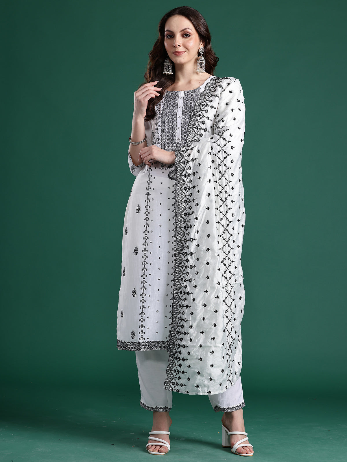 White Woven Design Straight Kurta Trousers With Dupatta Set-KH9WH10462