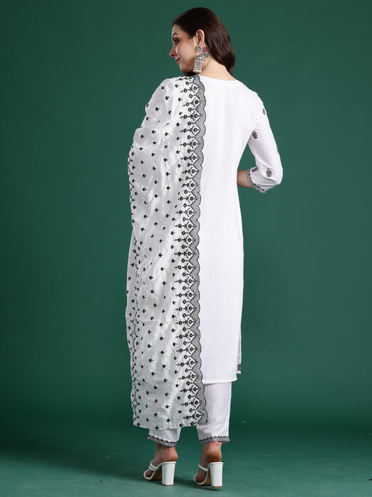 White Woven Design Straight Kurta Trousers With Dupatta Set-KH9WH10462