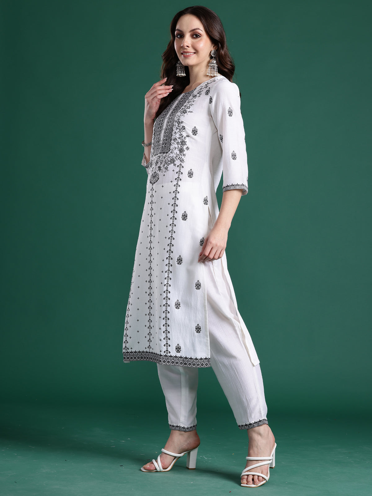 White Woven Design Straight Kurta Trousers With Dupatta Set-KH9WH10462
