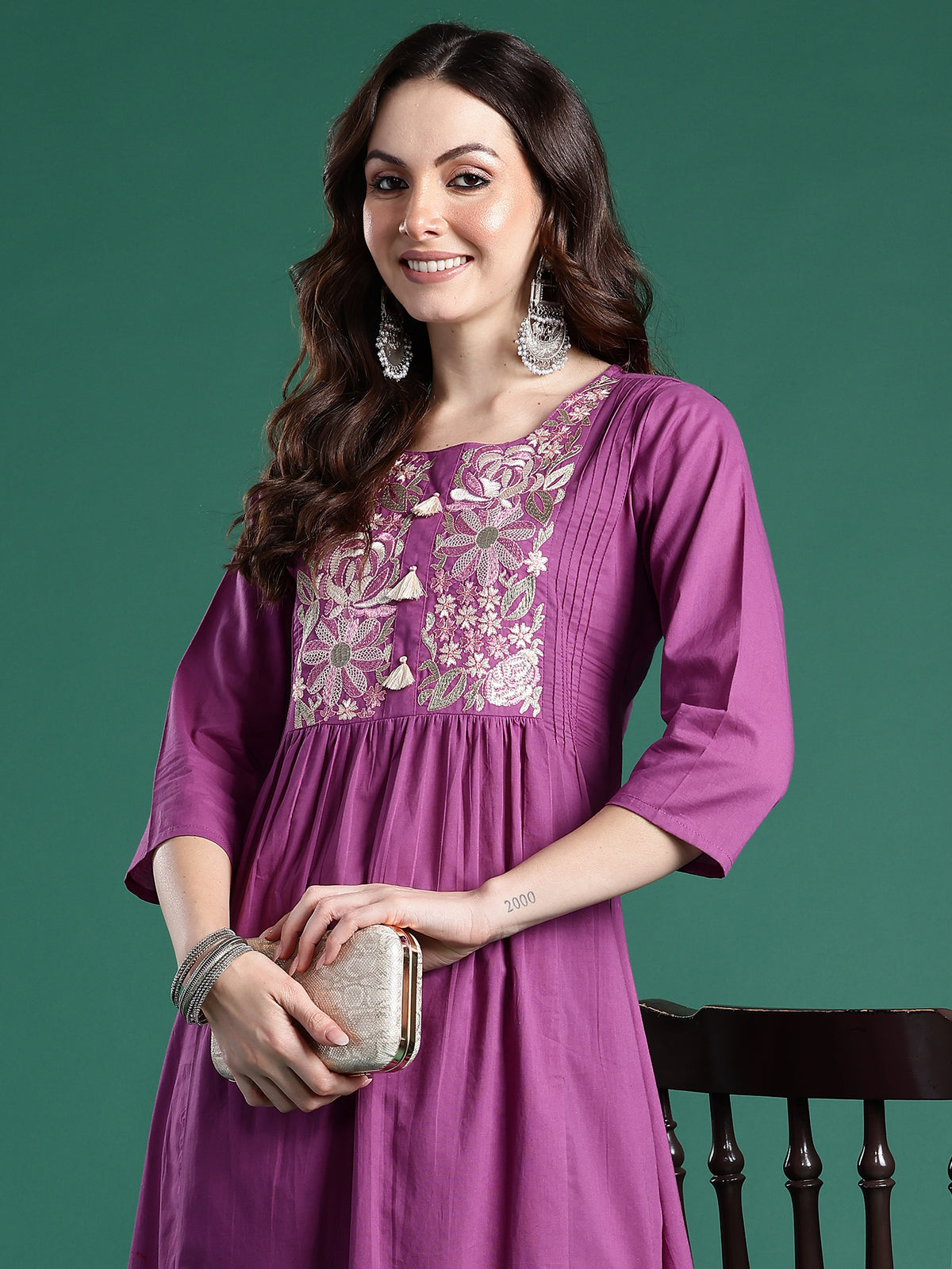 Purple Embroidered A-Line Kurta Trousers set