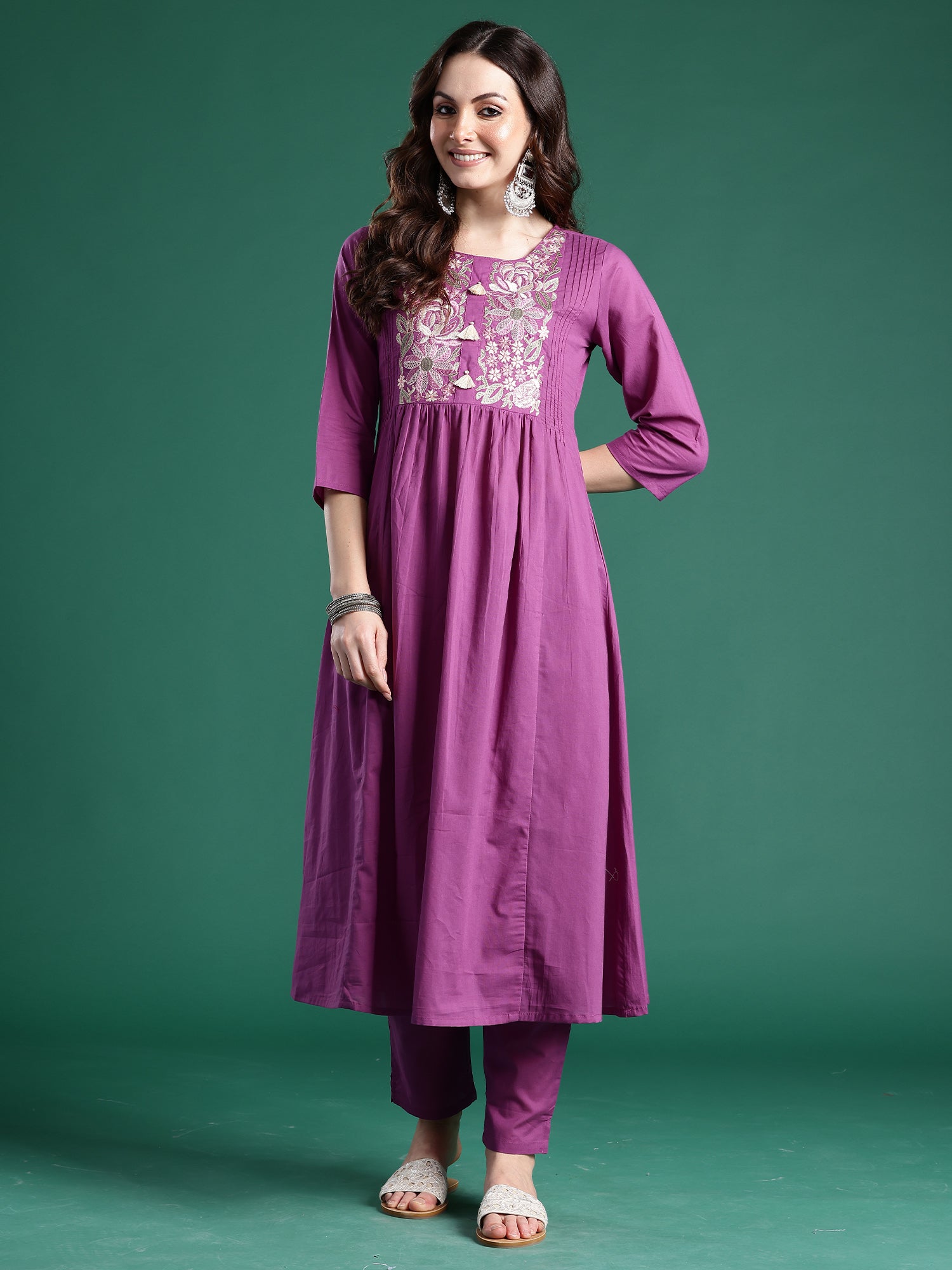 Purple Embroidered A-Line Kurta Trousers set