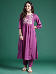 Purple Embroidered A-Line Kurta Trousers set