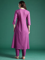 Purple Embroidered A-Line Kurta Trousers set