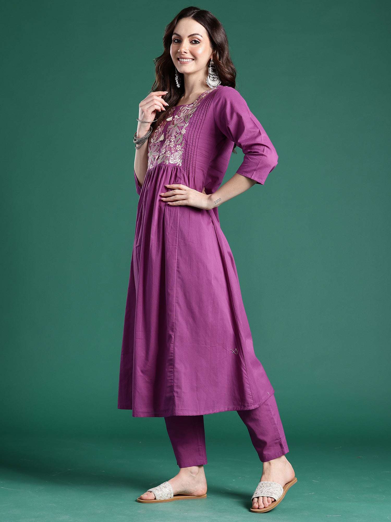 Purple Embroidered A-Line Kurta Trousers set