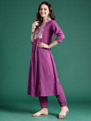 Purple Embroidered A-Line Kurta Trousers set