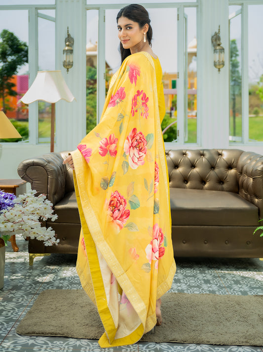 Purple Printed Straight Kurta Trousers With Dupatta set
