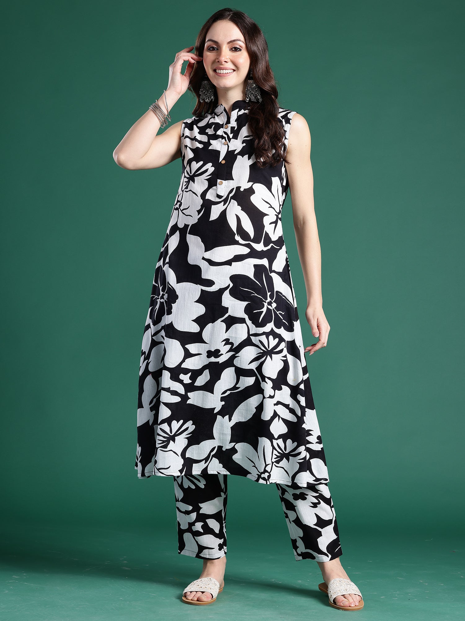 Black Printed A-Line Kurta Trousers Set