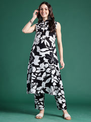 Black Printed A-Line Kurta Trousers Set