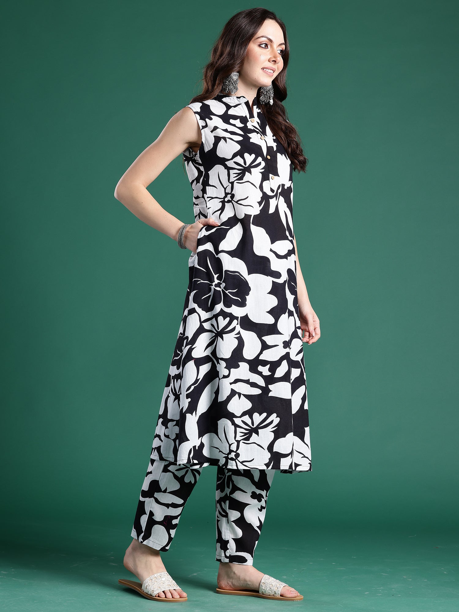 Black Printed A-Line Kurta Trousers Set